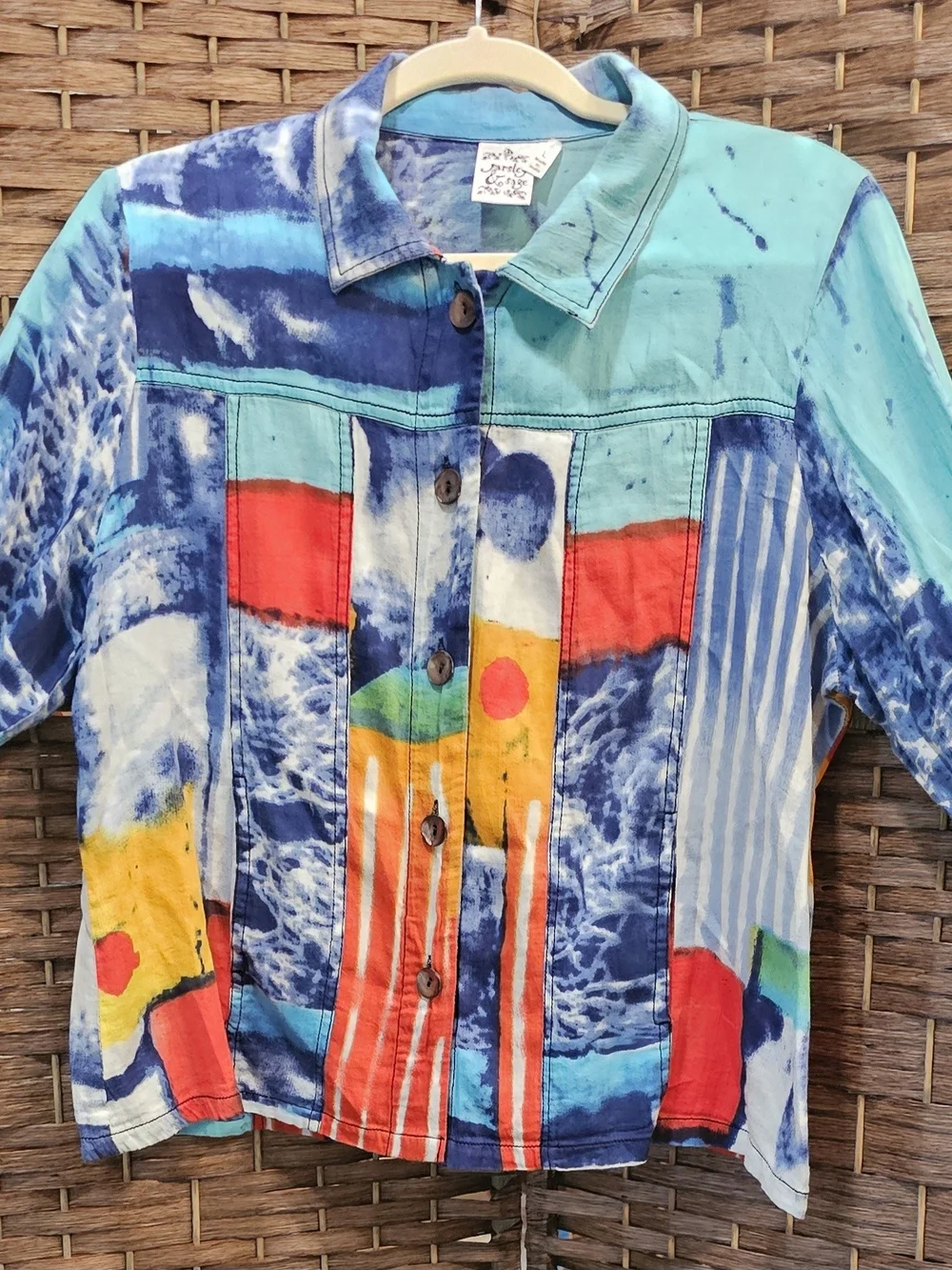 Parsley & Sage Turquoise Blue Multi-Color Abstract Button Jacket